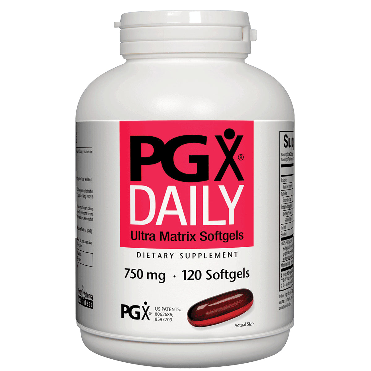 NFC187 | white bottle of PGX DAILY Ultra Matrix Softgels 750 mg 120 count with red softgel on label