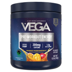 VGA008 | Vega Pre-Workout Energy powder, Mango Passionfruit flavor, 25 servings, 200mg caffeine, 8.5 oz (240 g)