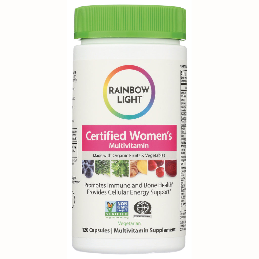 RBL064 | Rainbow Light Certified Women's Multivitamin bottle with green cap, 120 capsules, label showing organic fruits and Non-GMO seal - Thumbnail