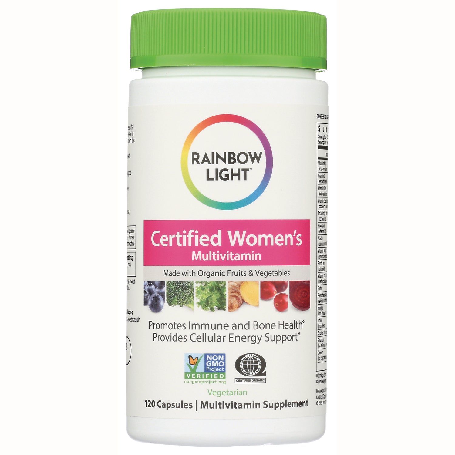RBL064 | Rainbow Light Certified Women's Multivitamin bottle with green cap, 120 capsules, label showing organic fruits and Non-GMO seal