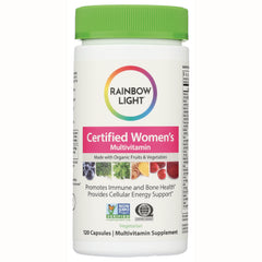 RBL064 | Rainbow Light Certified Women's Multivitamin bottle with green cap, 120 capsules, label showing organic fruits and Non-GMO seal