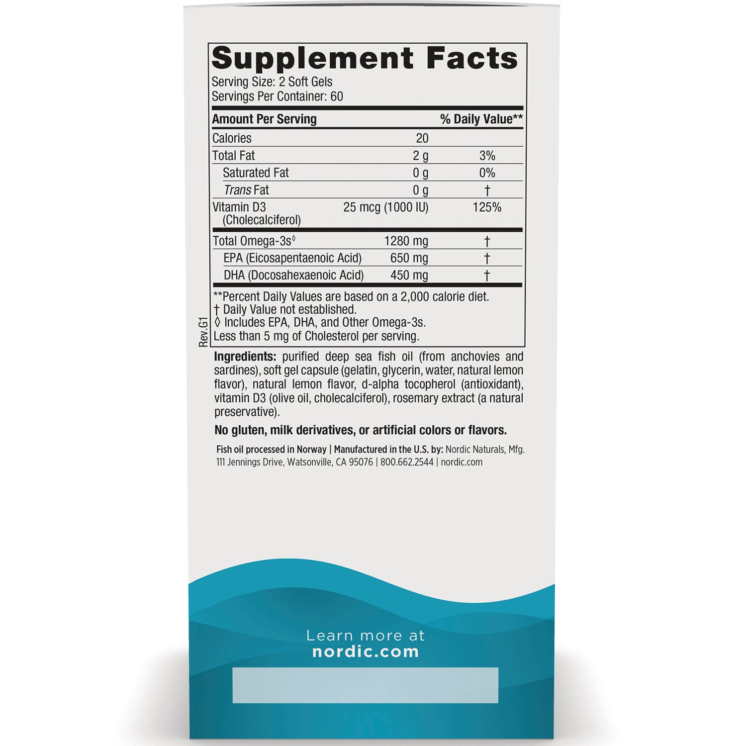 NRN034 | back panel with Supplement Facts table showing omega-3 and vitamin D3 amounts, ingredients and nordic.com