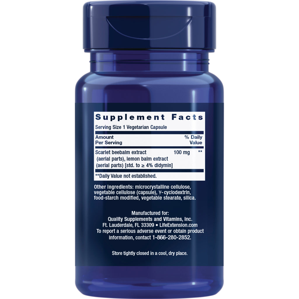 LE599 | Supplement Facts panel on a blue bottle for Scarlet beebalm and lemon balm extract capsules - Thumbnail