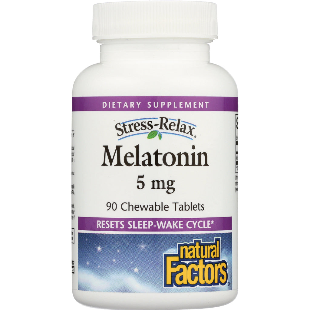 NFC113 | Natural Factors Stress-Relax Melatonin 5 mg 90 chewable tablets white bottle front label - Thumbnail