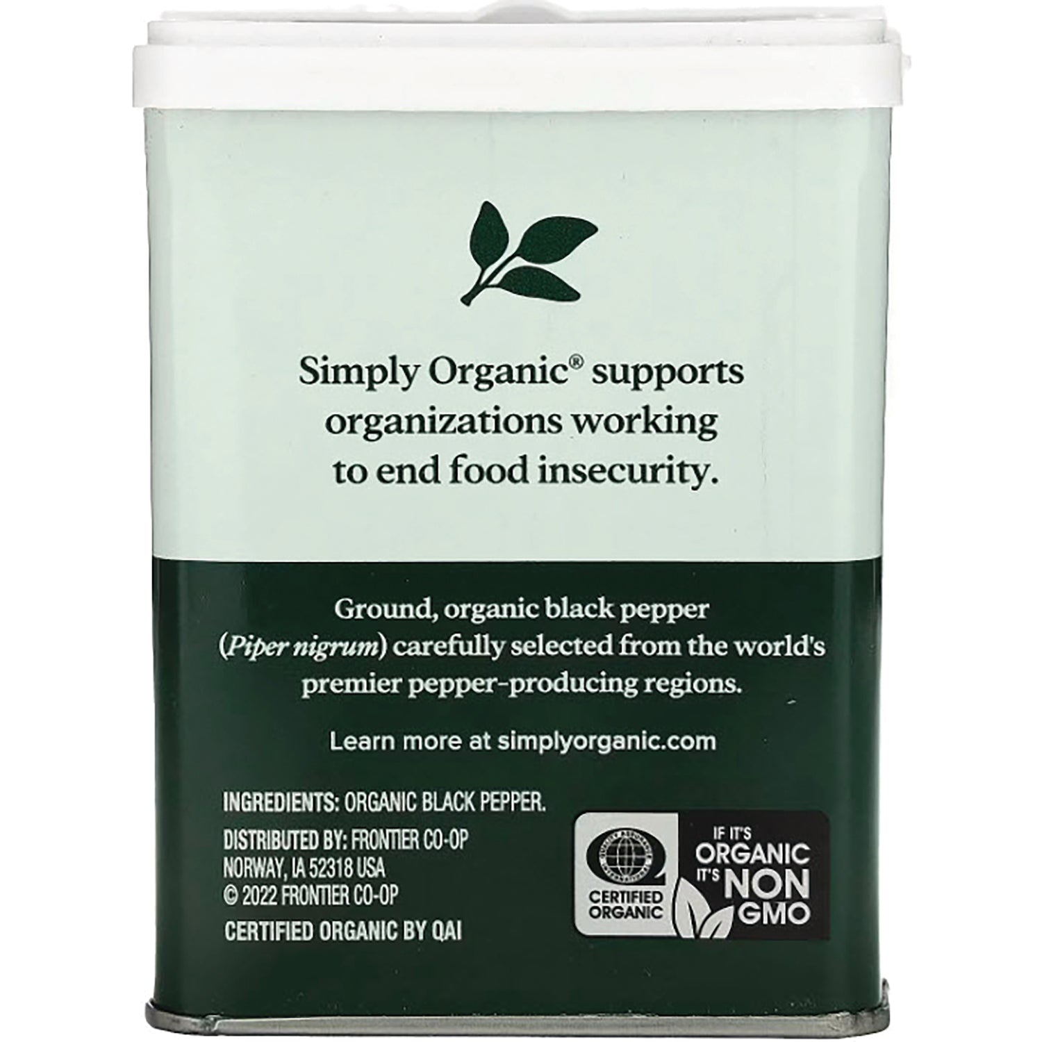 SMP031 | back panel of Simply Organic black pepper tin with support message, ingredients, and certified organic label