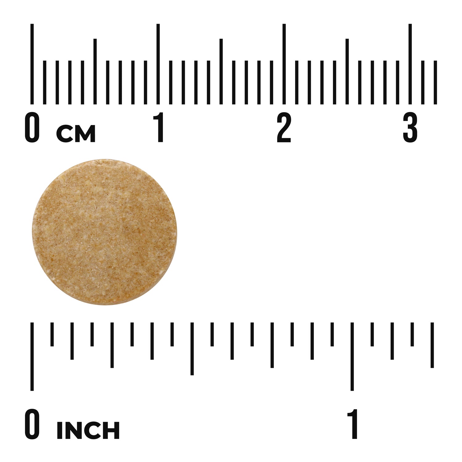 SWH041 | Round beige tablet beside centimeter and inch rulers showing scale with visible text "0 cm" and "0 inch"