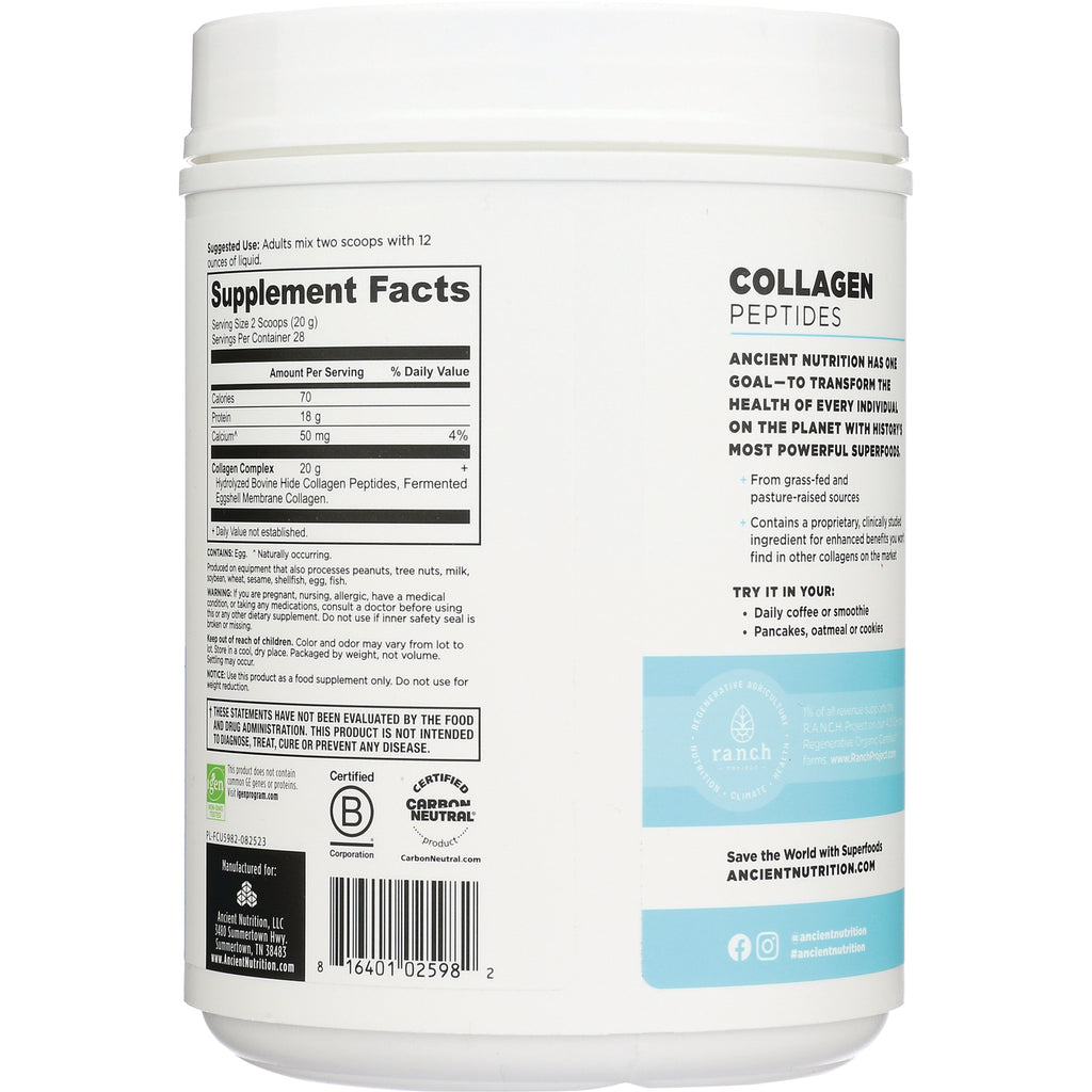 ATN103 | back label of white tub showing Supplement Facts panel, nutrition details, and Collagen Peptides branding - Thumbnail