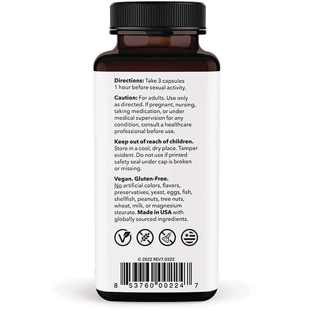 LSS004 | Back label of brown supplement bottle showing directions, cautions, vegan gluten-free claim and barcode - Thumbnail