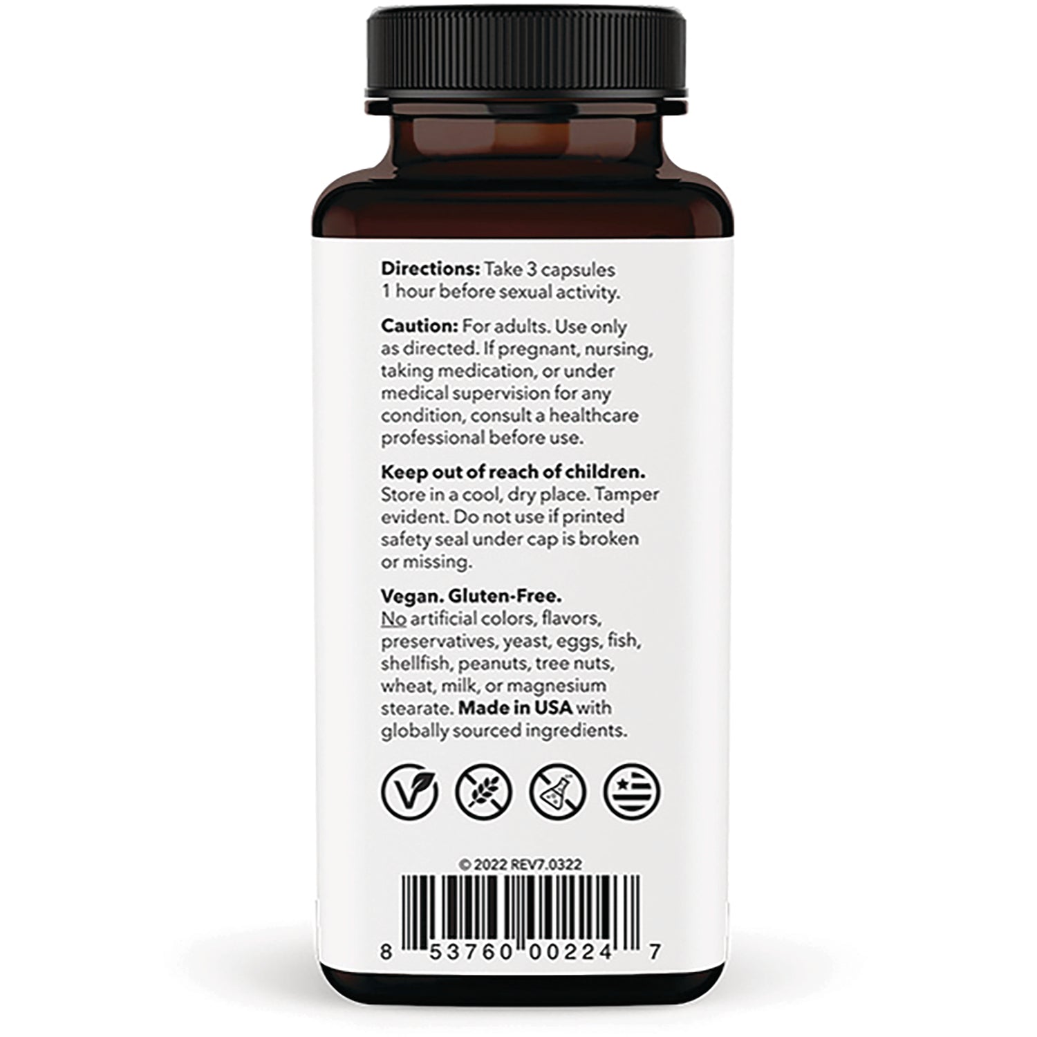 LSS004 | Back label of brown supplement bottle showing directions, cautions, vegan gluten-free claim and barcode