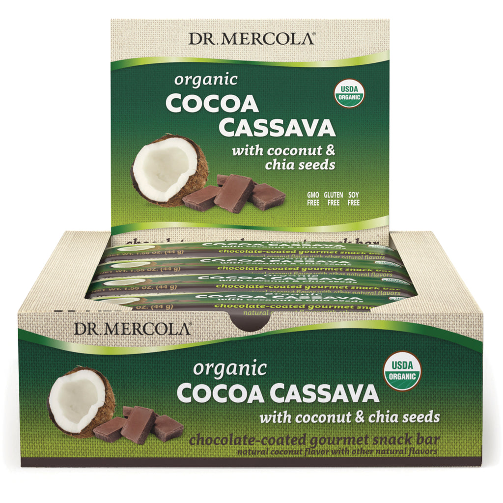 MRC089 | Dr. Mercola display box of organic Cocoa Cassava bars with coconut and chia seeds, bars visible - Thumbnail
