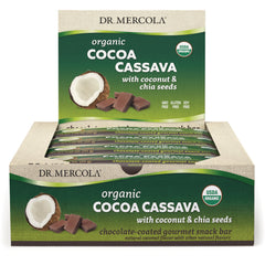 MRC089 | Dr. Mercola display box of organic Cocoa Cassava bars with coconut and chia seeds, bars visible