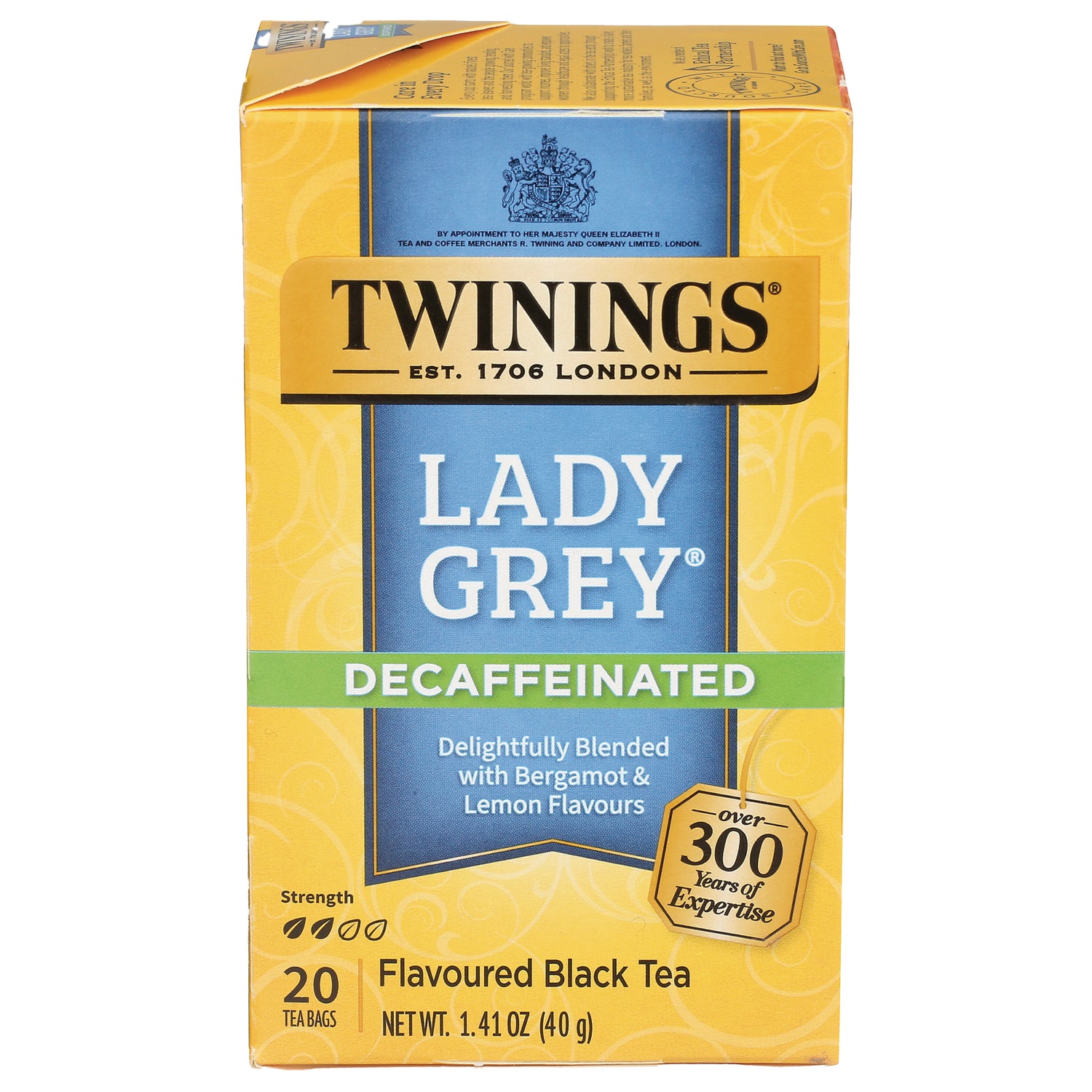 TWN018 | Twinings Lady Grey Decaffeinated black tea, 20 tea bags, 1.41 oz box front