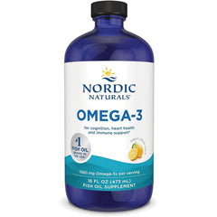NRN028 | Blue bottle of Nordic Naturals OMEGA-3 fish oil supplement 16 fl oz lemon flavor