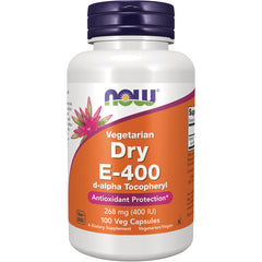 NWF744 | White bottle of NOW Vegetarian Dry E-400 d-alpha Tocopheryl supplement, 268 mg, 100 veg capsules
