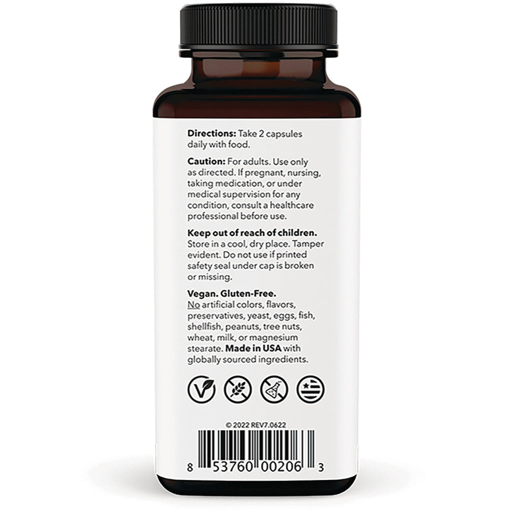 LSS006 | back label of supplement bottle with directions, caution, vegan and gluten-free icons, barcode - Thumbnail