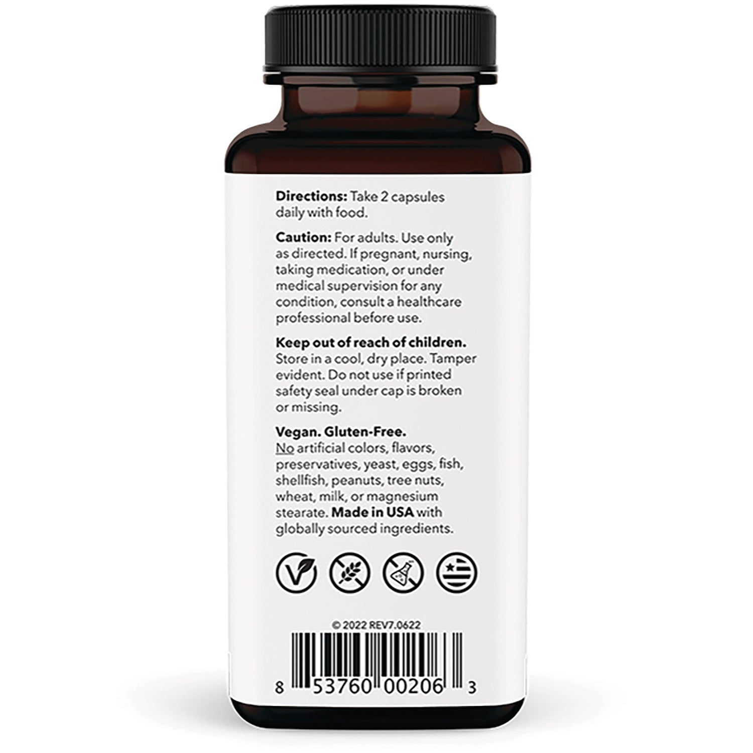 LSS006 | back label of supplement bottle with directions, caution, vegan and gluten-free icons, barcode