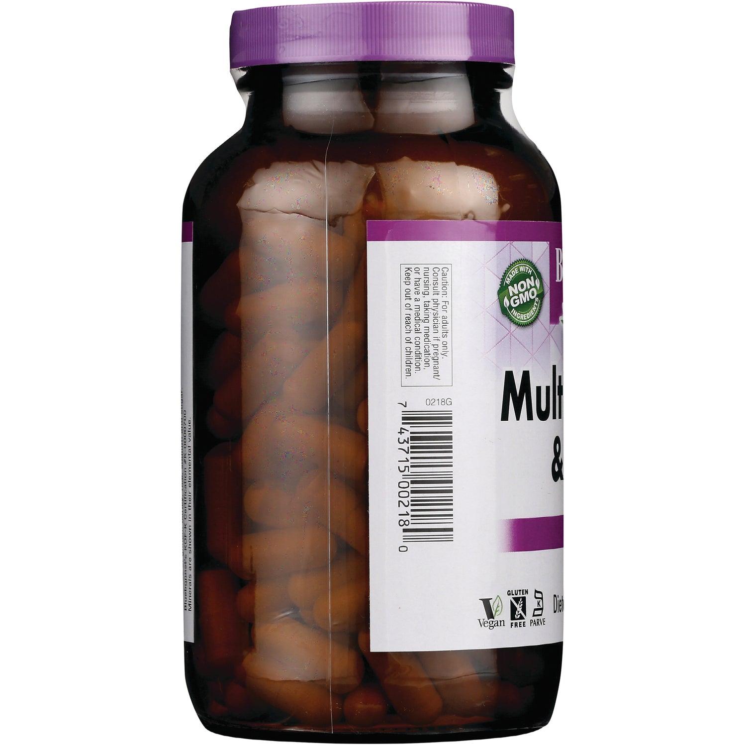 BLU082 | side view of supplement bottle showing capsules through clear bottle, barcode and label text