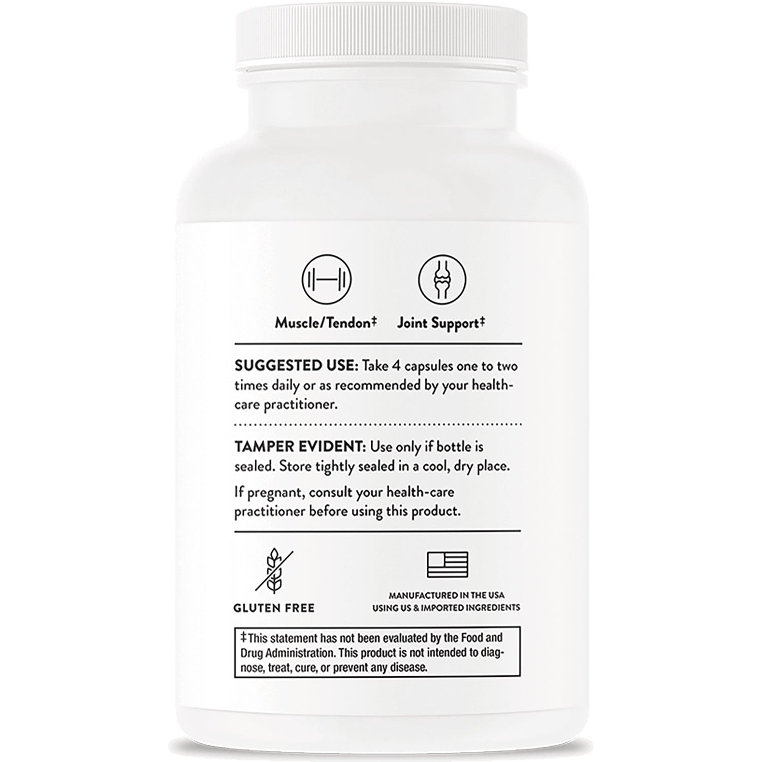 TRN021 | Back of supplement bottle showing Suggested Use, Tamper Evident notice, Gluten Free icon, Manufactured in the USA