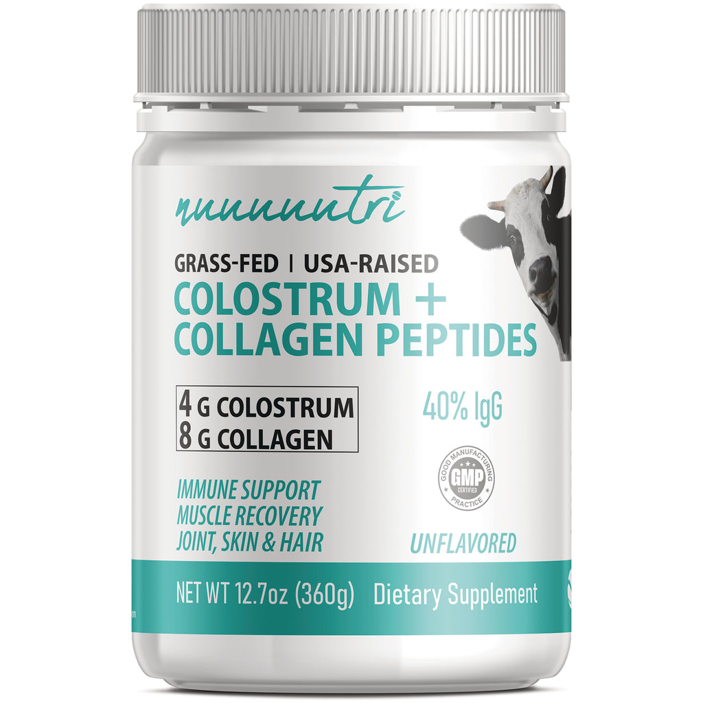 NFU006 | White jar labeled COLOSTRUM + COLLAGEN PEPTIDES unflavored dietary supplement, net wt 12.7 oz, cow image - Thumbnail