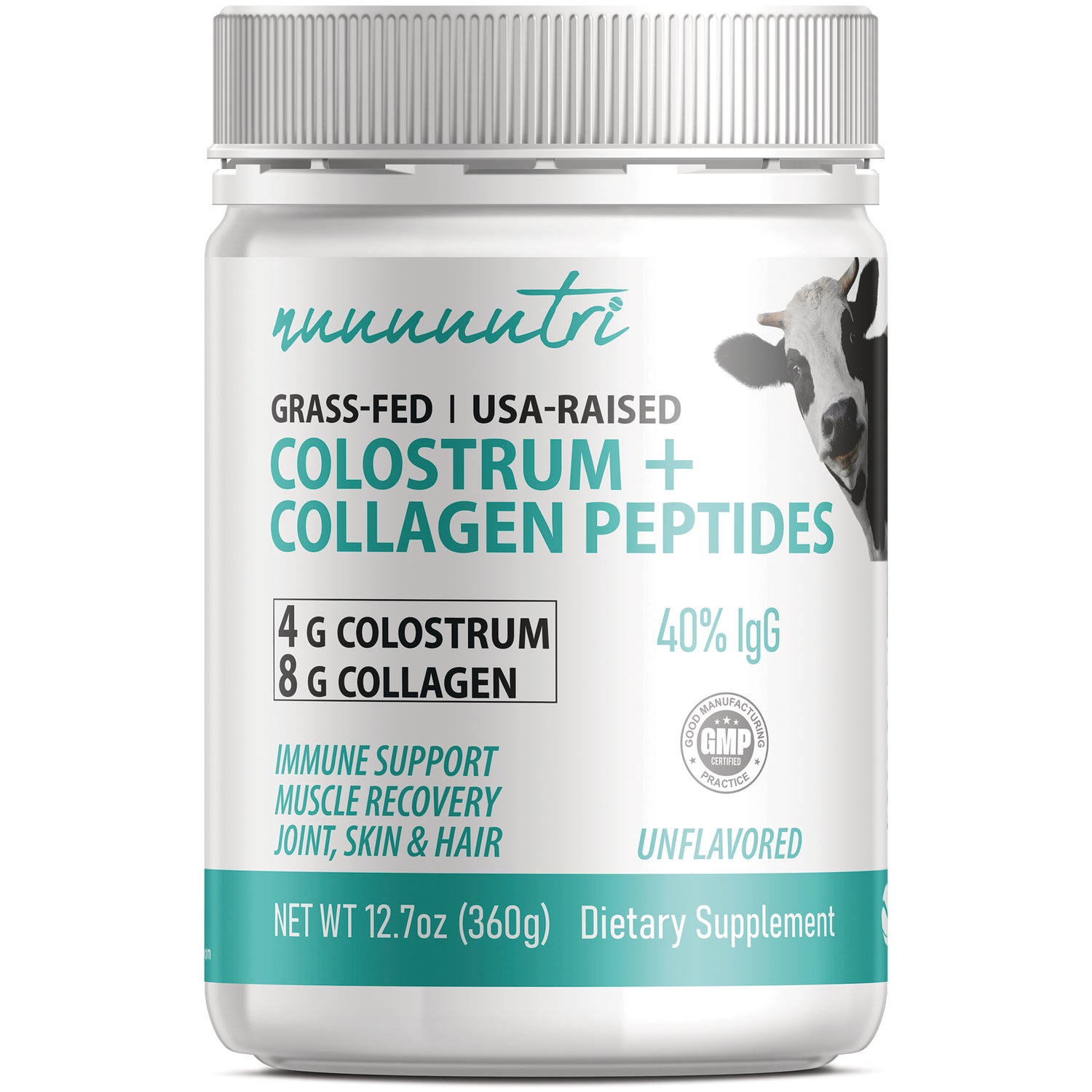 NFU006 | White jar labeled COLOSTRUM + COLLAGEN PEPTIDES unflavored dietary supplement, net wt 12.7 oz, cow image