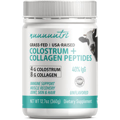NFU006 | White jar labeled COLOSTRUM + COLLAGEN PEPTIDES unflavored dietary supplement, net wt 12.7 oz, cow image