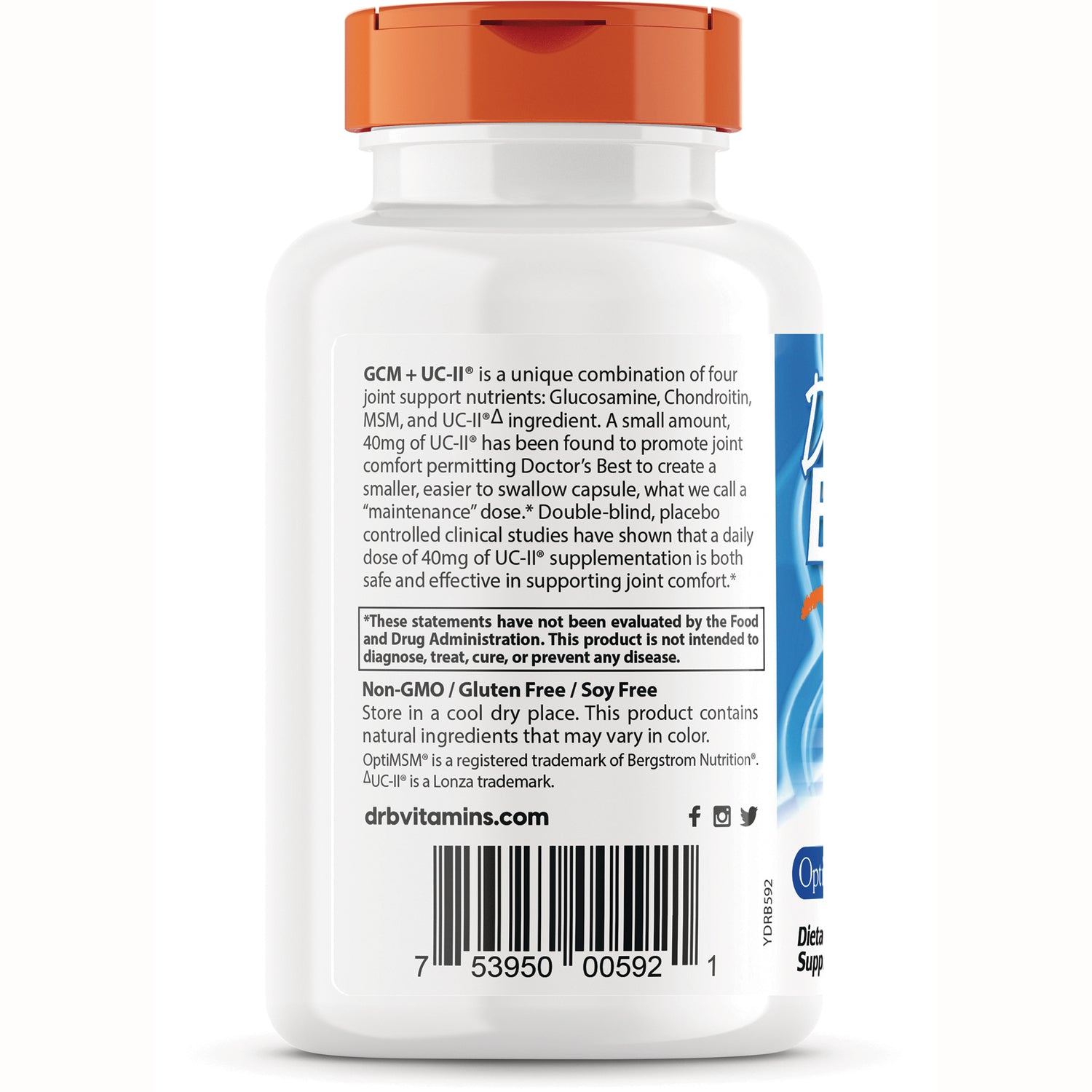 DB295 | back label of white supplement bottle with ingredient text, Non-GMO / Gluten Free / Soy Free notice and barcode
