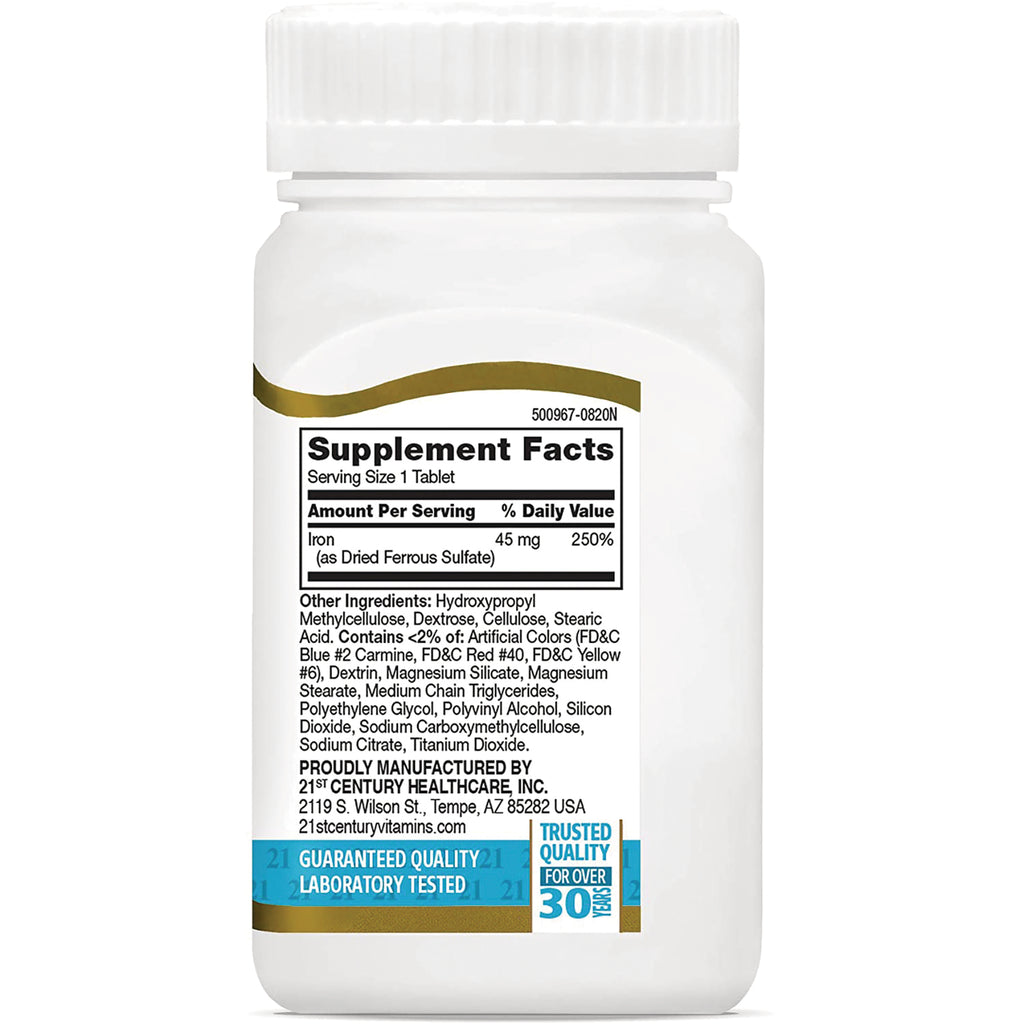 CNT270 | Back of white supplement bottle showing Supplement Facts label with iron 45 mg (250%), ingredient list, manufacturer details and quality banner - Thumbnail