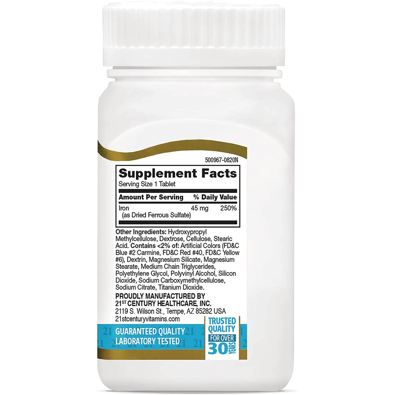 CNT270 | Back of white supplement bottle showing Supplement Facts label with iron 45 mg (250%), ingredient list, manufacturer details and quality banner