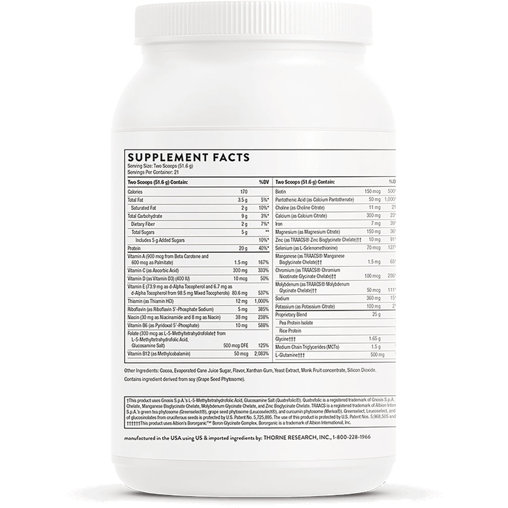 TRN009 | Back label showing Supplement Facts and ingredients on white Thorne nutrition powder jar - Thumbnail