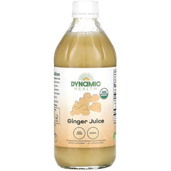 DYH053 | Bottle of Dynamic Health Ginger Juice with white cap, beige label showing ginger illustration and USDA Organic badge
