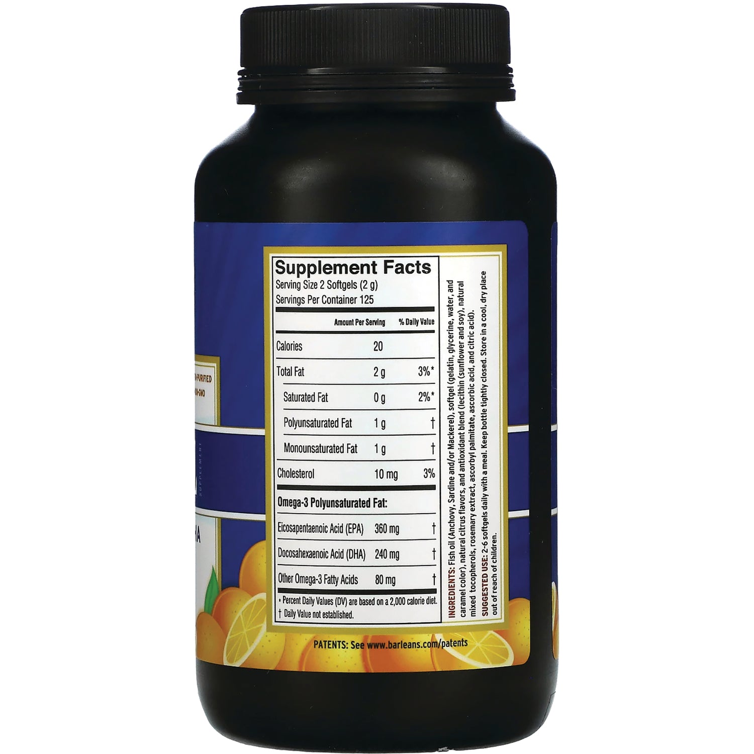 BAR071 | back of black supplement bottle showing supplement facts panel and nutrition details
