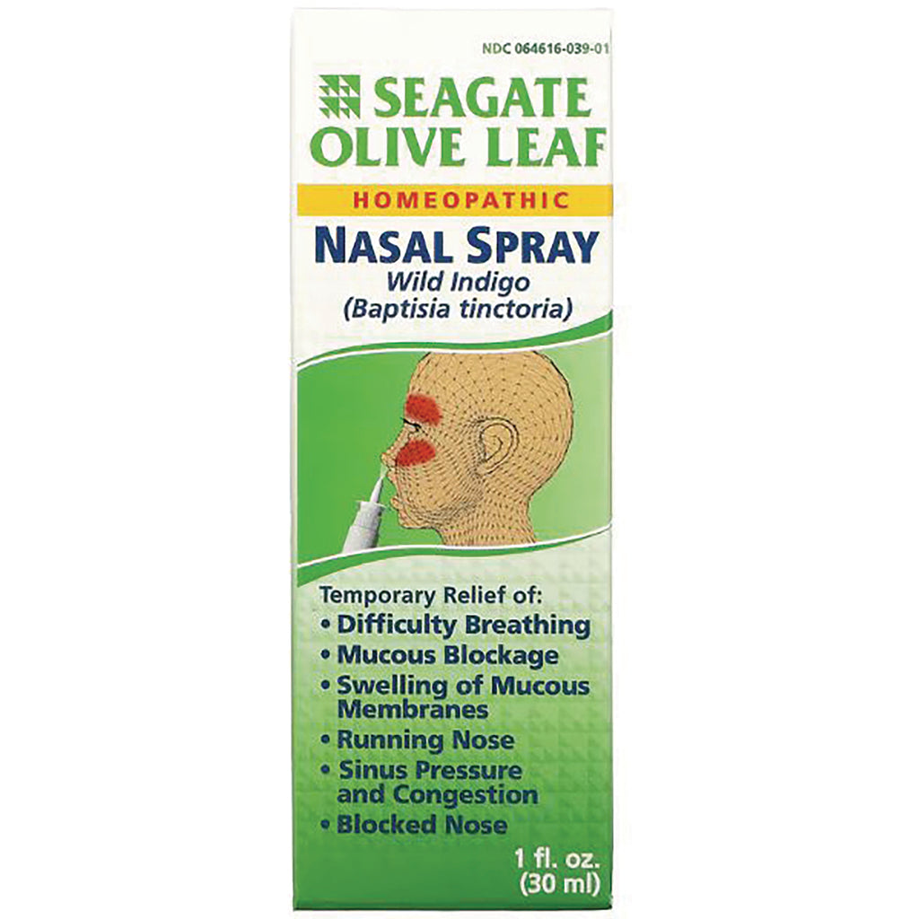 SEG001 | Seagate Olive Leaf homeopathic nasal spray Wild Indigo box front with nasal spray illustration and relief list - Thumbnail