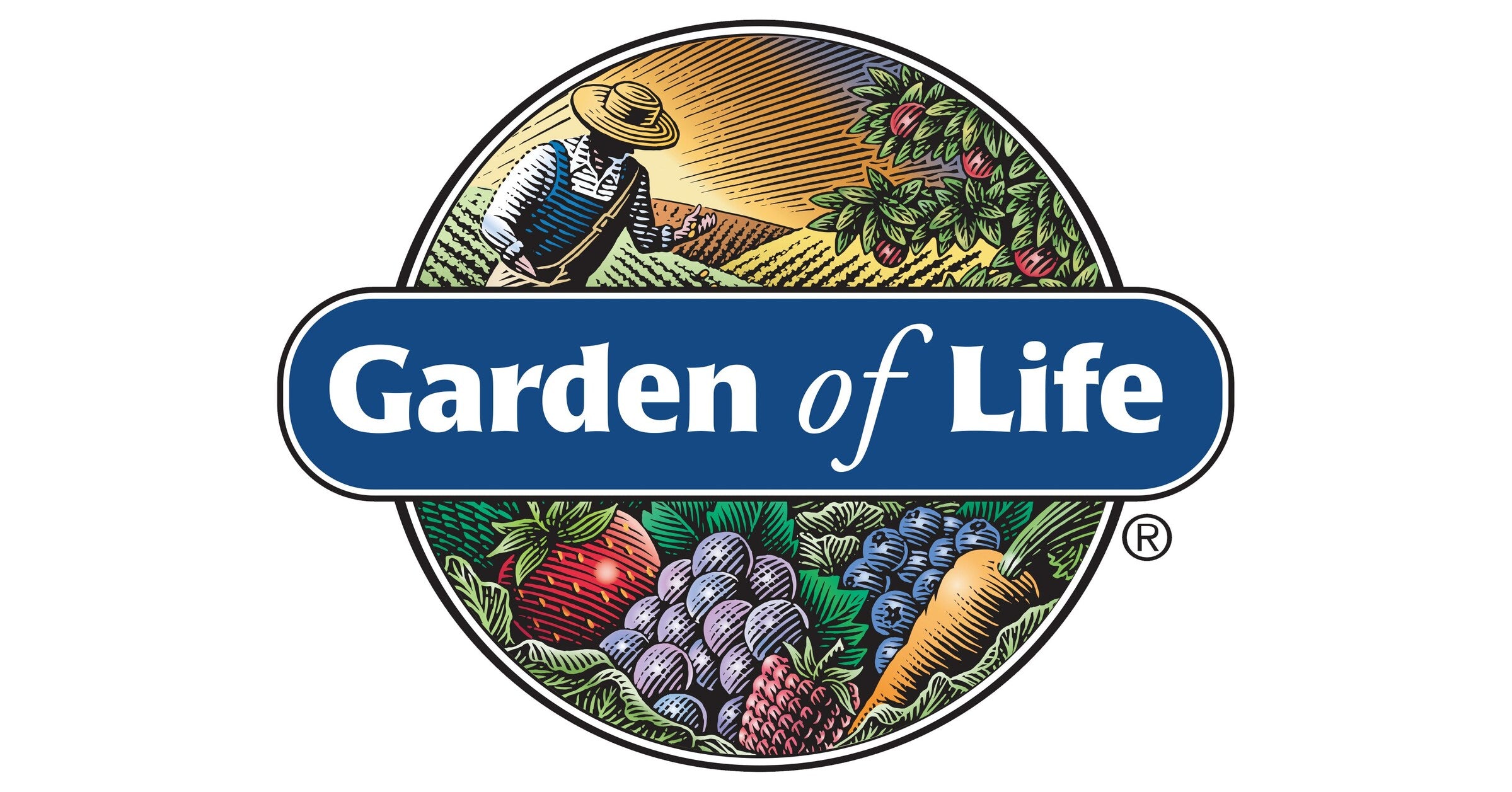 Garden of Life logo with a circular design featuring a person, sun, and various plants on a white background.