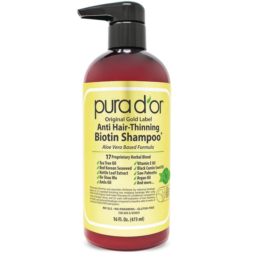 PDO005 | Pura d'or Anti Hair-Thinning Biotin Shampoo pump bottle with yellow label, 16 fl oz - Thumbnail