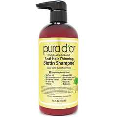 PDO005 | Pura d'or Anti Hair-Thinning Biotin Shampoo pump bottle with yellow label, 16 fl oz