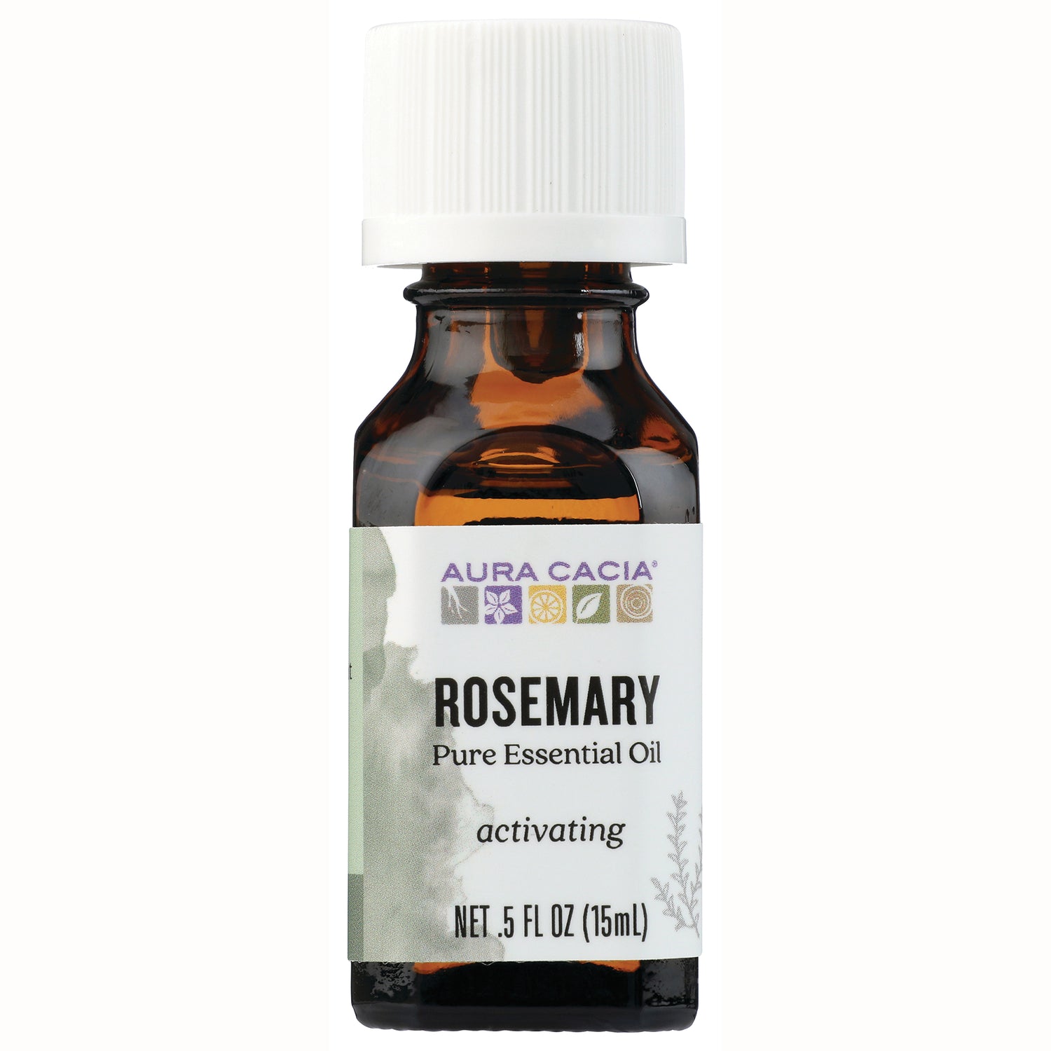 ARC002 | Amber glass bottle with white cap labeled AURA CACIA ROSEMARY Pure Essential Oil activating NET .5 FL OZ (15 mL)