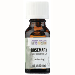 ARC002 | Amber glass bottle with white cap labeled AURA CACIA ROSEMARY Pure Essential Oil activating NET .5 FL OZ (15 mL)