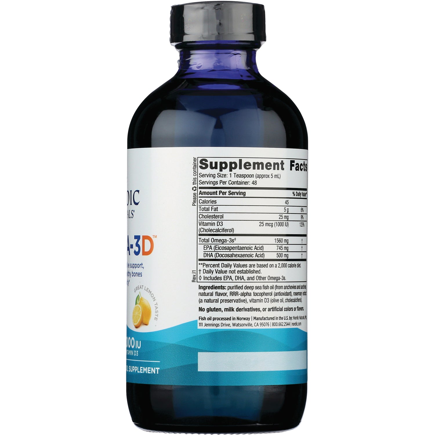 NRN030 | back of blue supplement bottle showing Supplement Facts label, serving size and ingredients