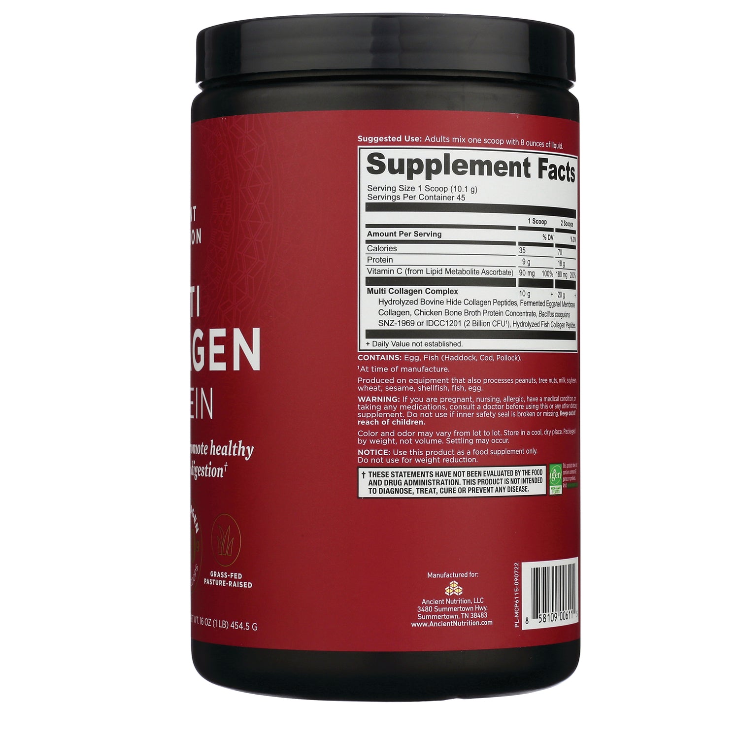 ATN047 | Back of red supplement tub showing Supplement Facts panel, ingredient and warning text, and barcode