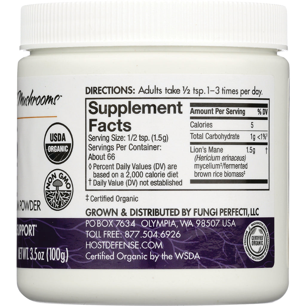 FUN028 | Back of white supplement jar showing Supplement Facts, directions, USDA Organic seals, and contact info - Thumbnail