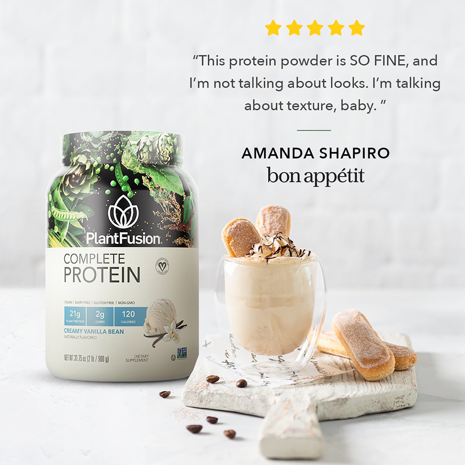 PFU001 | PlantFusion Complete Protein creamy vanilla bean tub beside a vanilla protein shake with cookies and five-star review text above