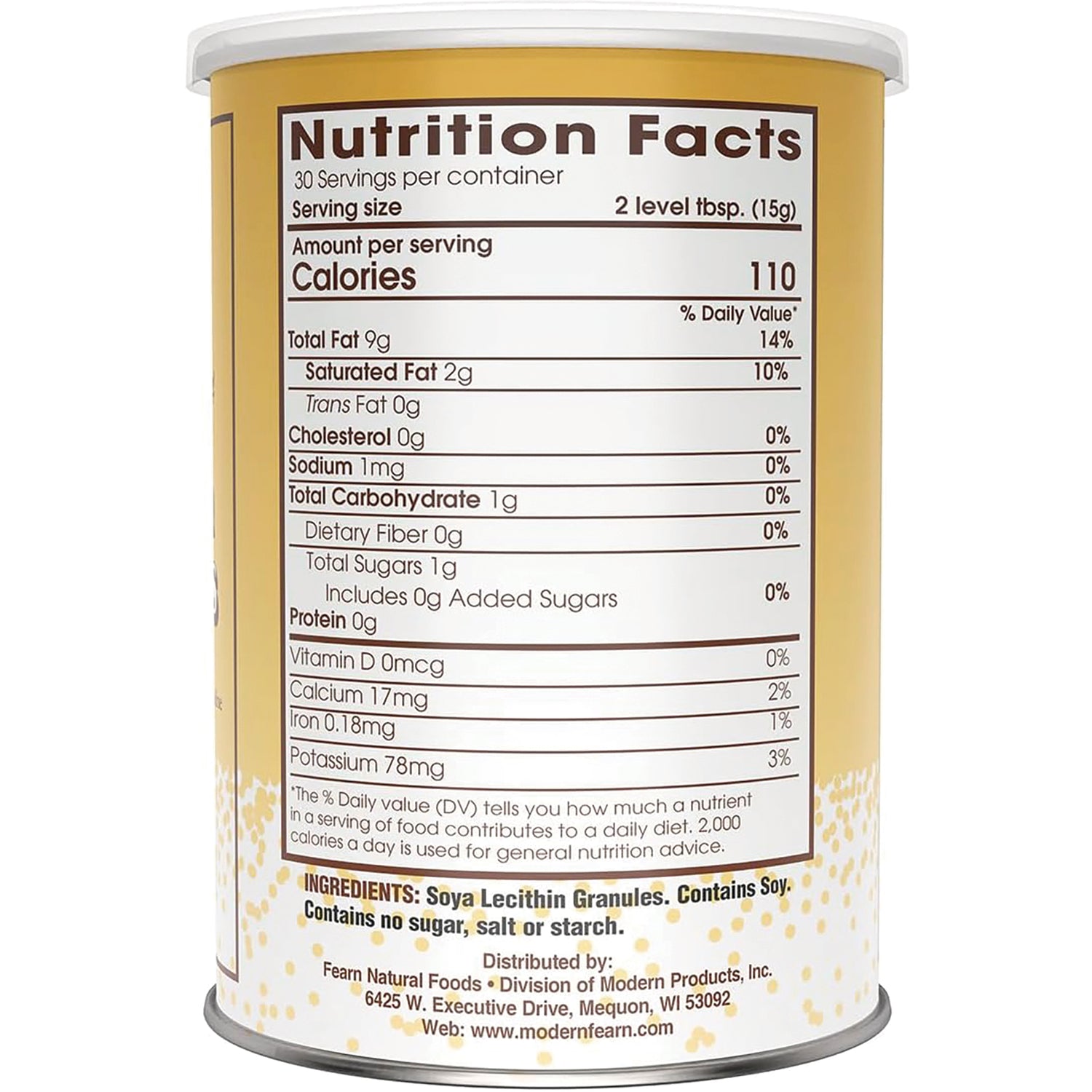 FRN003 | Nutrition facts panel and ingredient statement on back of yellow can showing calories and serving size