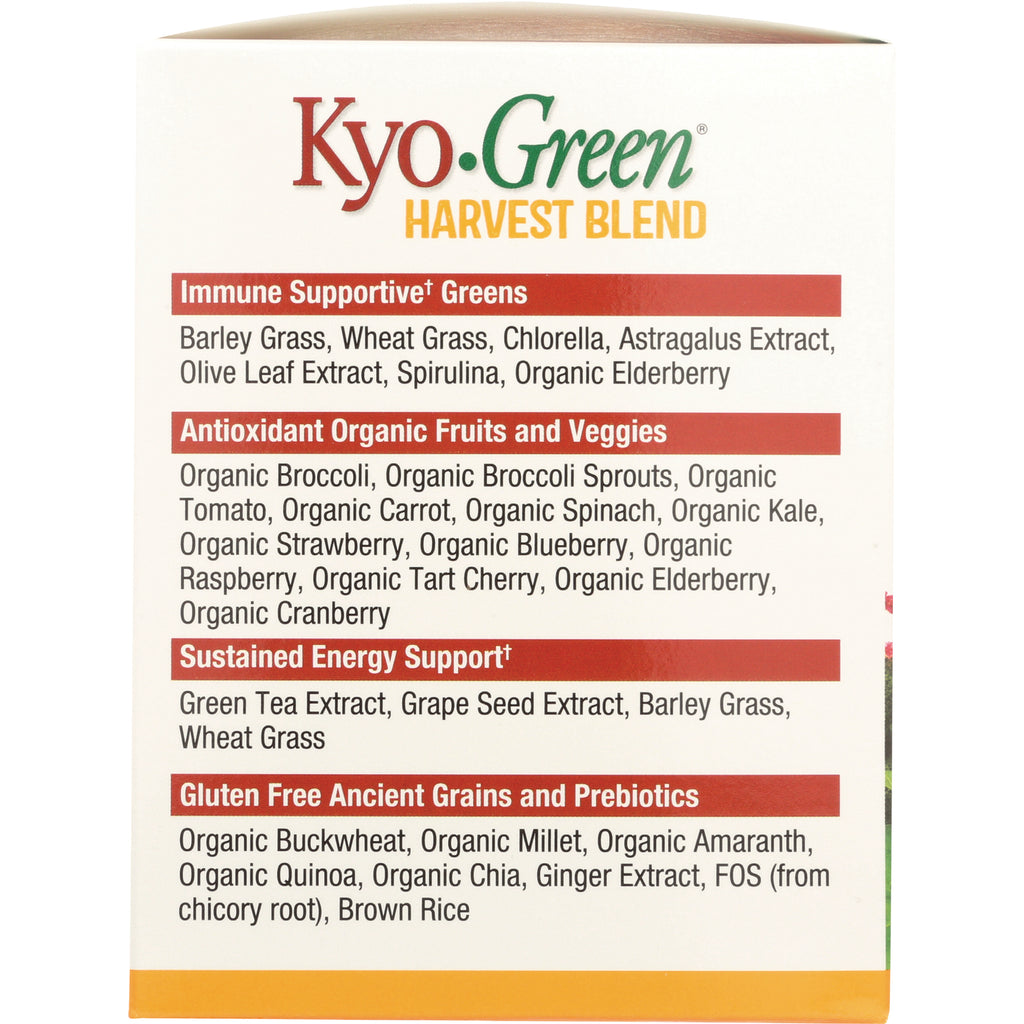 KY111 | Kyo-Green Harvest Blend product infographic listing immune supportive greens, antioxidant fruits and veggies, energy support and ancient grains - Thumbnail