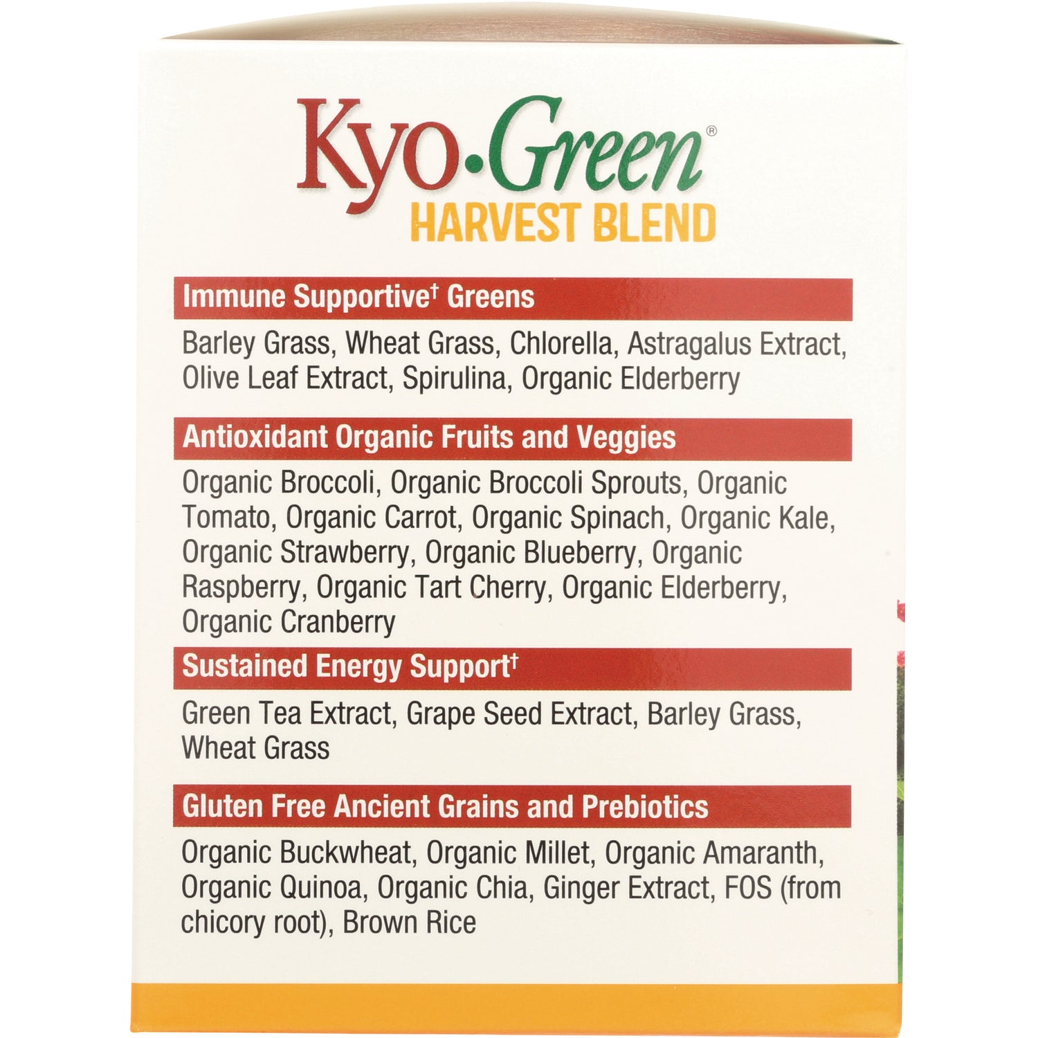 KY111 | Kyo-Green Harvest Blend product infographic listing immune supportive greens, antioxidant fruits and veggies, energy support and ancient grains