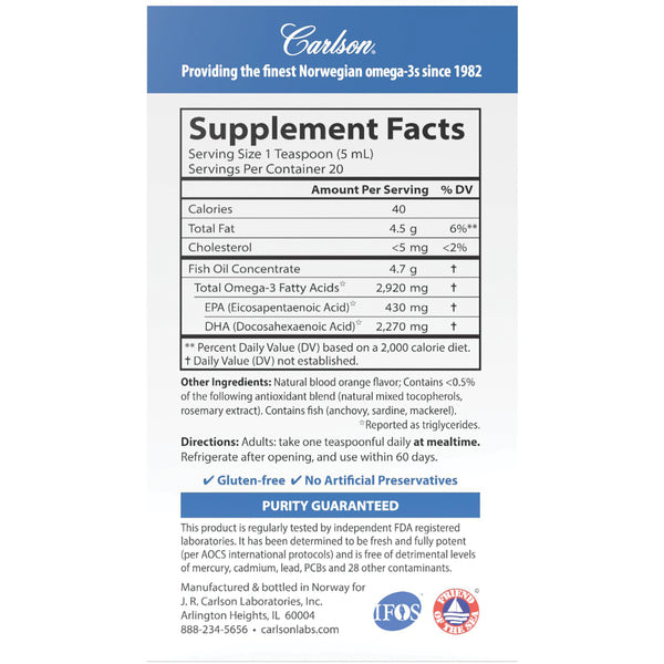 CSN263 | Supplement Facts panel showing serving size, omega-3 amounts (EPA 430 mg, DHA 2,270 mg), other ingredients and directions