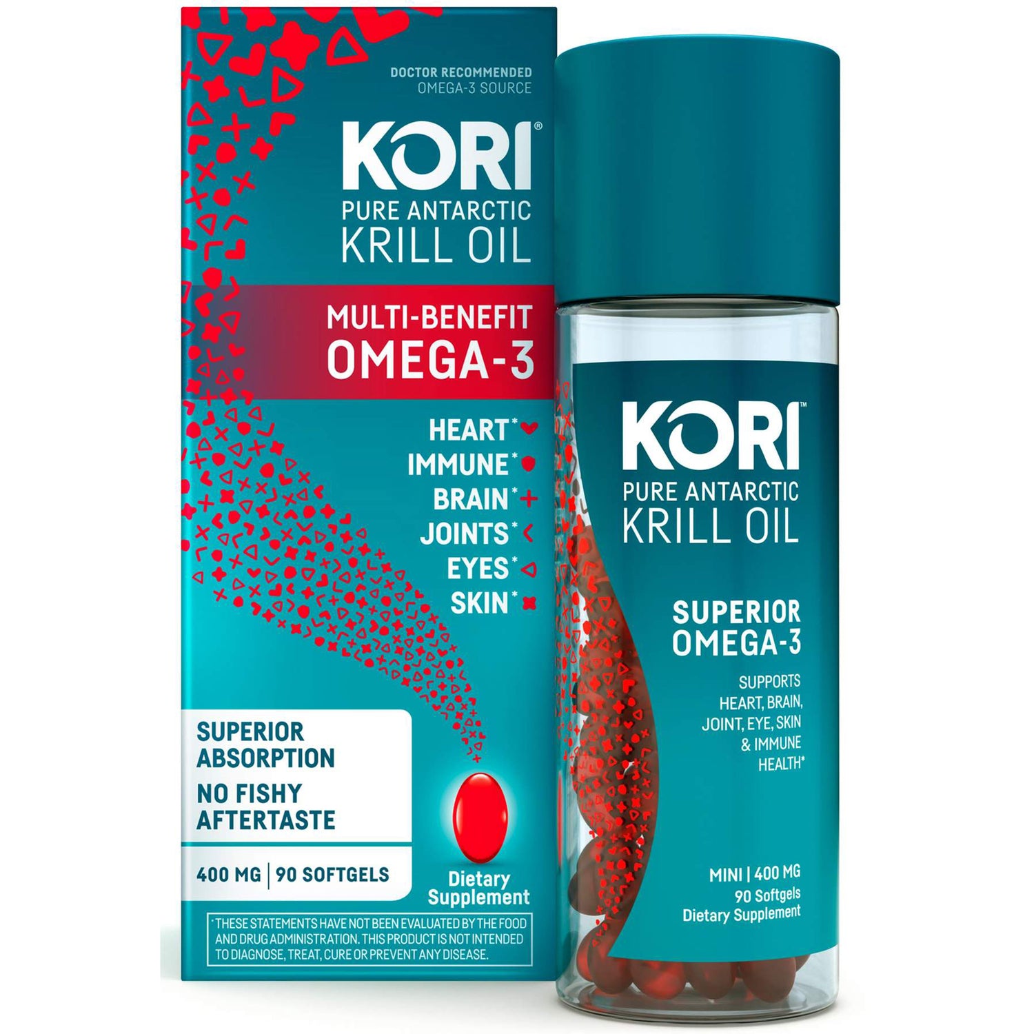 KKL003 | KORI Pure Antarctic Krill Oil bottle and box packaging showing superior omega-3, 400 mg 90 softgels