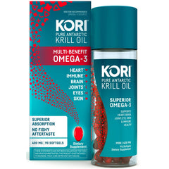 KKL003 | KORI Pure Antarctic Krill Oil bottle and box packaging showing superior omega-3, 400 mg 90 softgels
