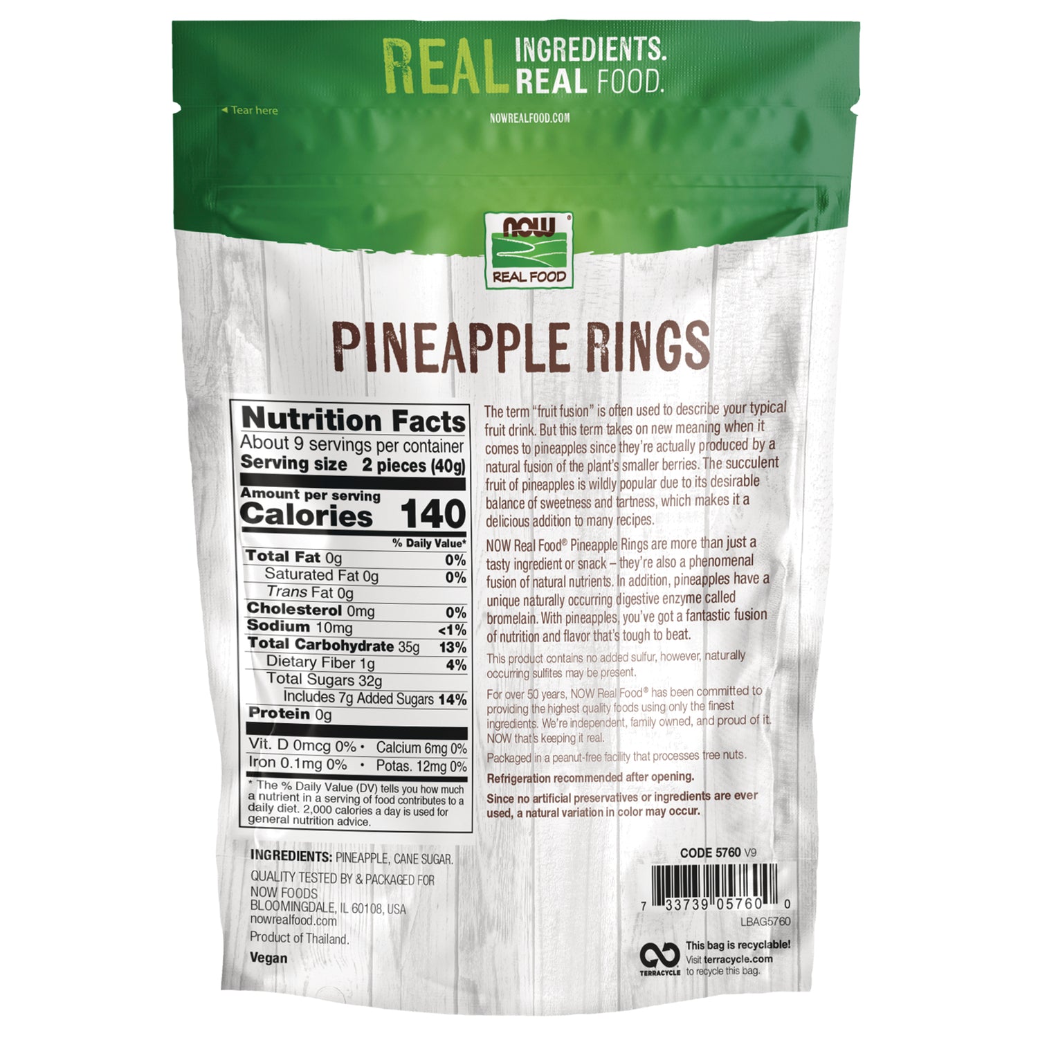 NWF1413 | Back of pineapple rings pouch showing Nutrition Facts panel, ingredients, barcode and product description