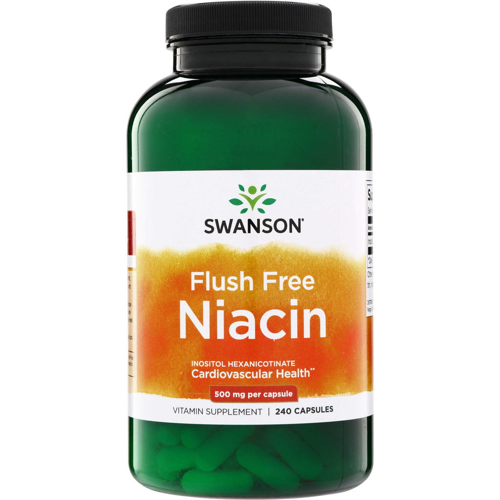 SWU1021 | Swanson Flush Free Niacin supplement bottle, green jar label shows 500 mg per capsule and 240 capsules - Thumbnail