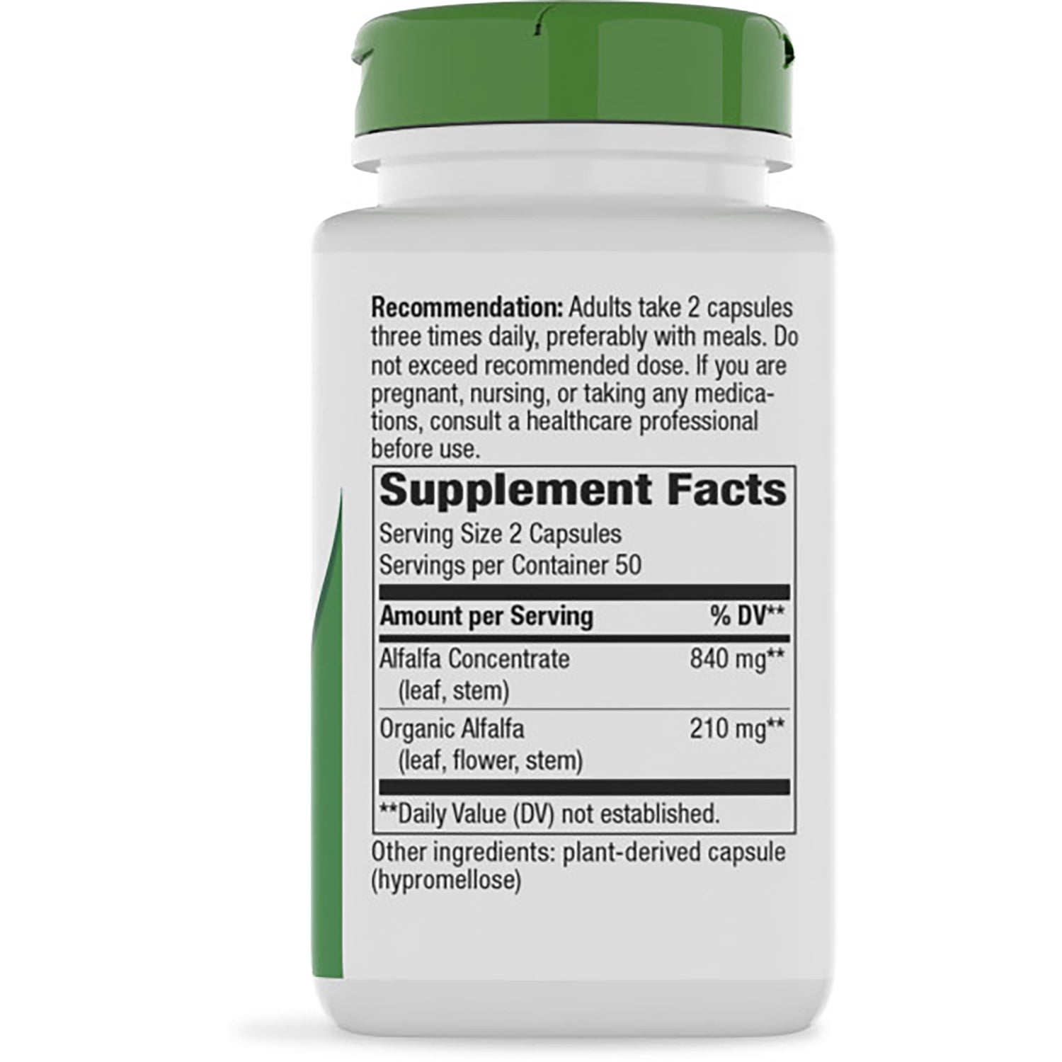 NW107 | Back of white supplement bottle showing Supplement Facts panel and recommended dosage text
